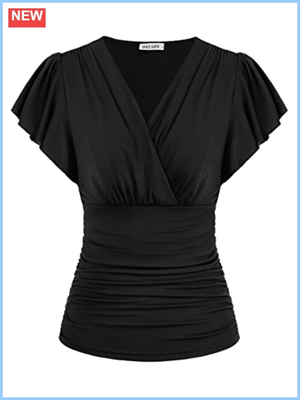 Women's Ruffle Sleeve Wrap V-Neck Ruched Waist Blouse Summer Top